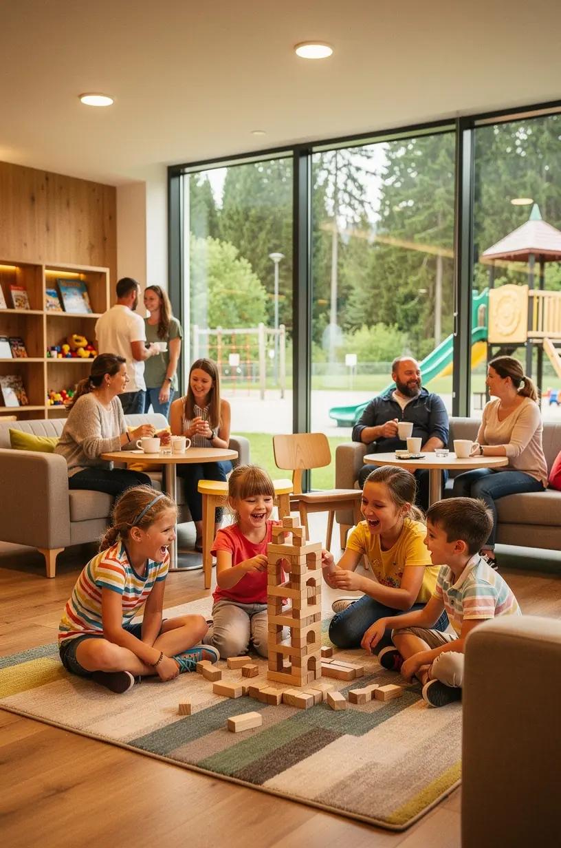 Eltern und Kinder genießen eine entspannte Pause an einer malerischen Raststätte entlang einer kindgerechten Reiseroute.